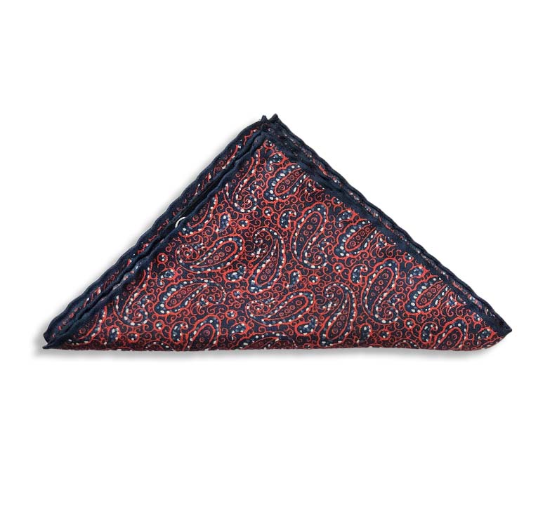 Red Paisley Pocket Square With Blue Line