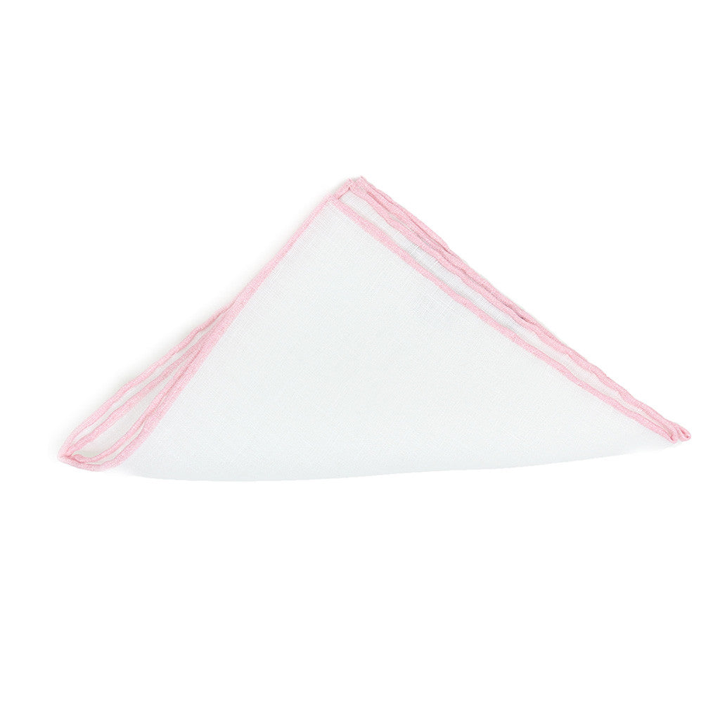 White Linen Pocket Square with Pink Edge