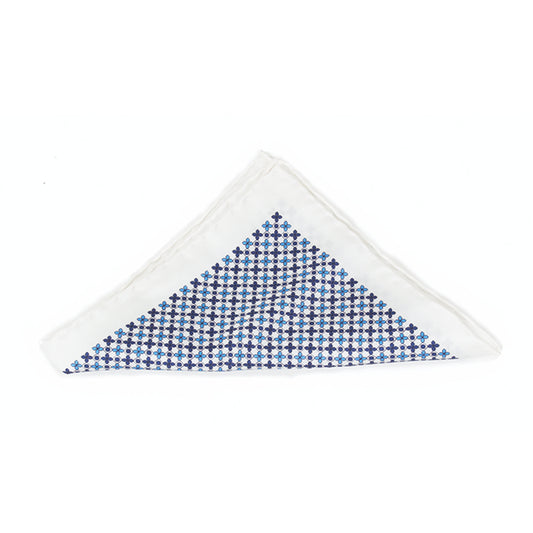 White with Blue Print Pocket Square